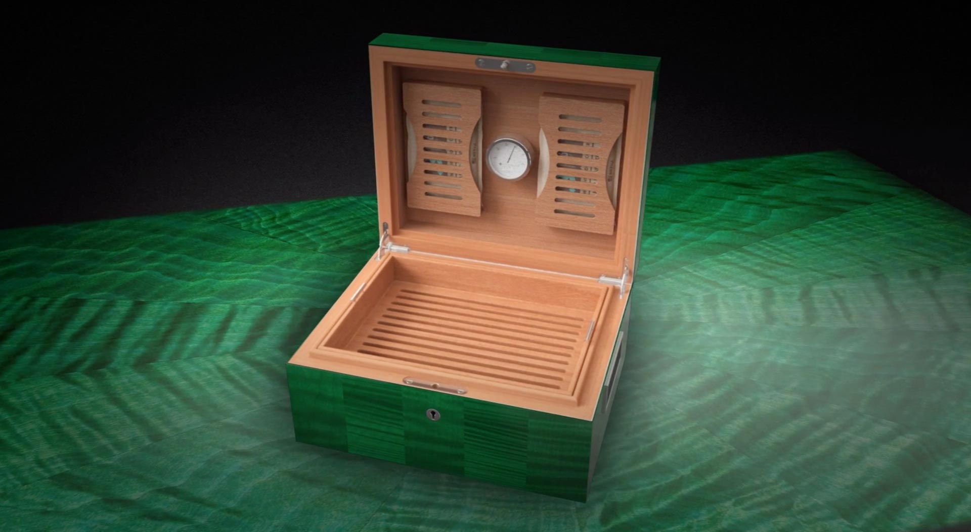 Opened green Lotusier tea humidor box